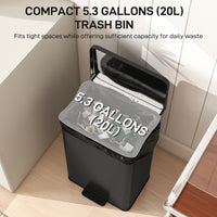 Garbage Bin, Soft-Close Trash Can with Foot Pedal, 5 Gallon (20 L) Garbage Can with Removable Inner Bucket, Matte Black