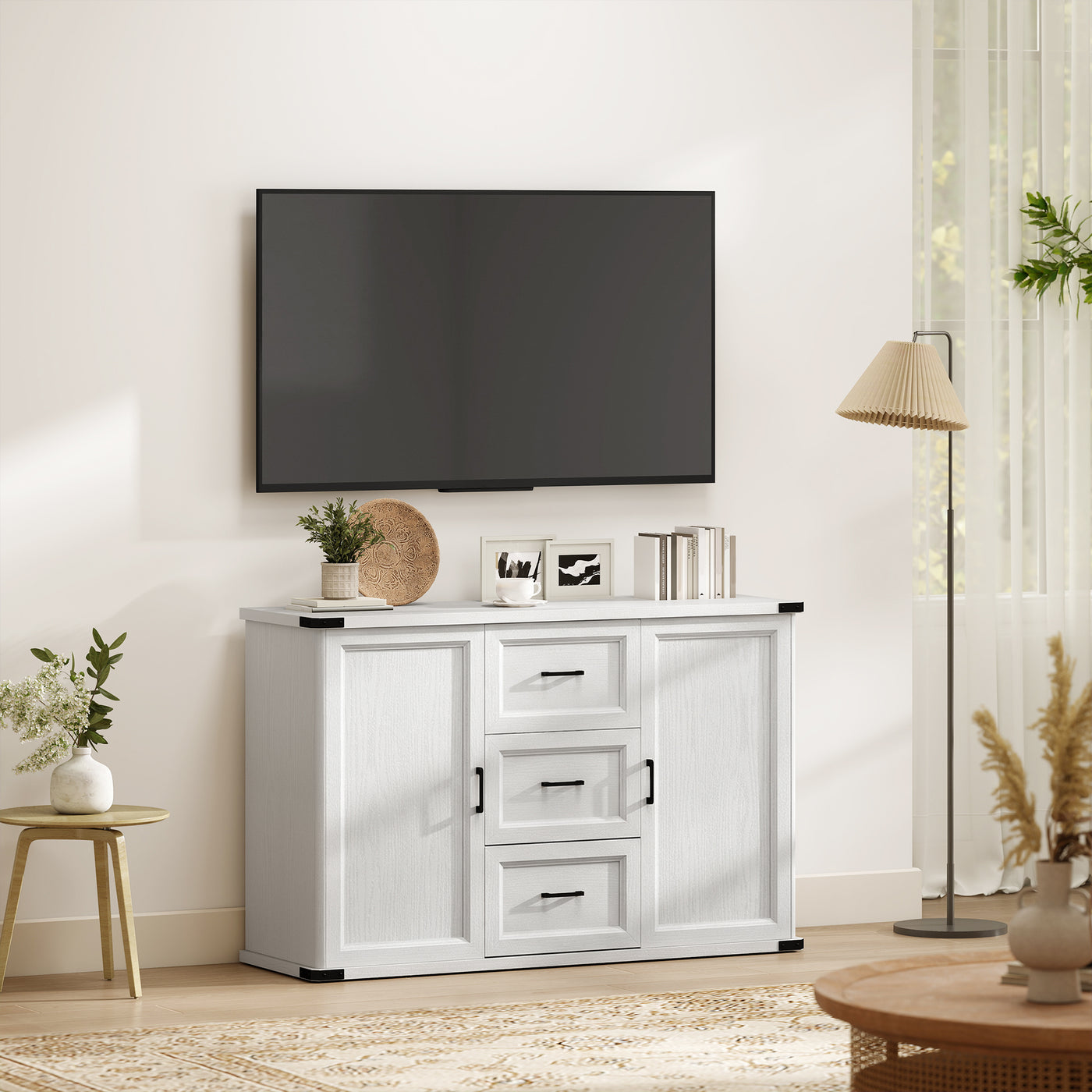 Sideboard with 3 Drawers and 2 Doors, 47" Buffet Cabinet with Adjustable Shelves for Kitchen, White Wood Grain