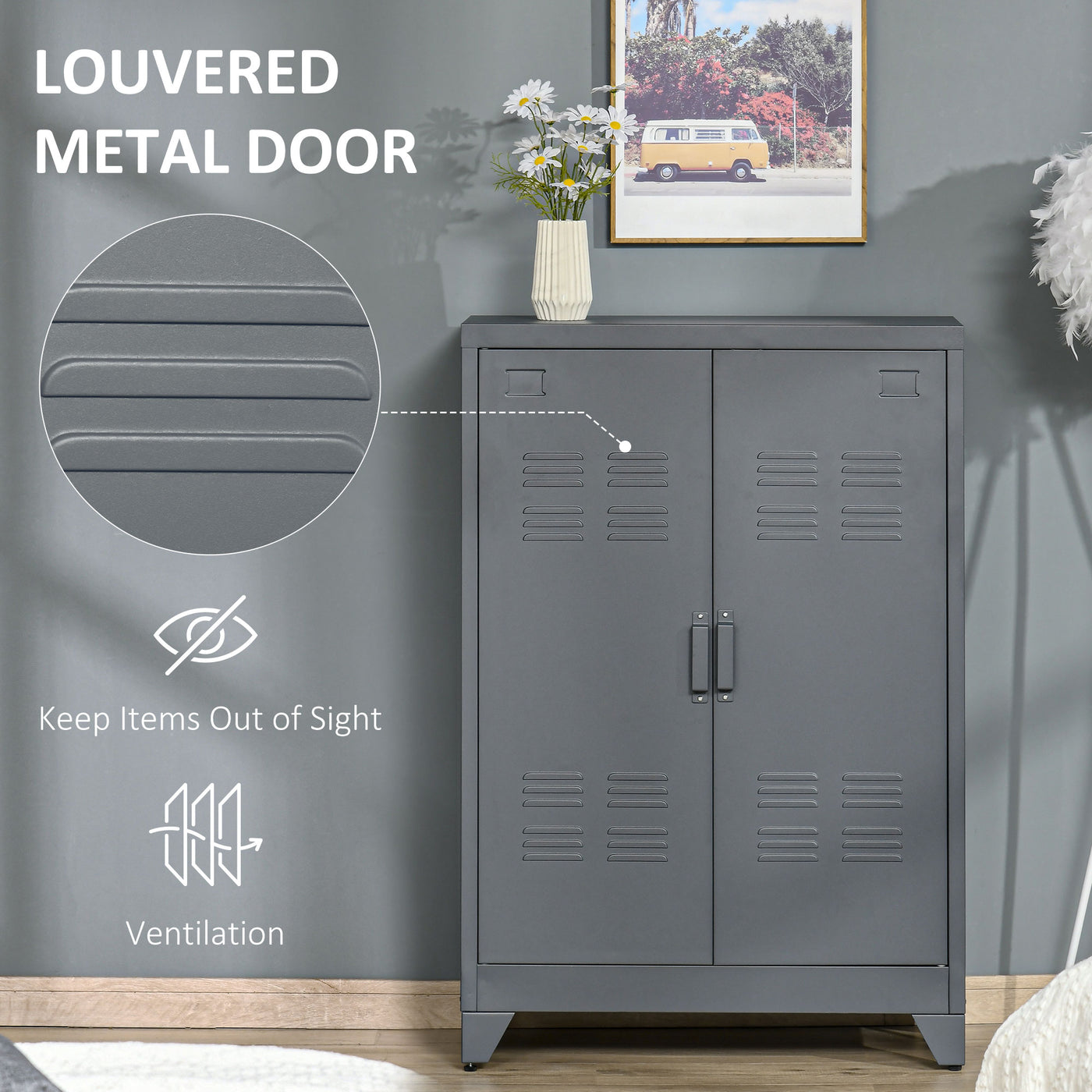 Metal Storage Cabinet, Industrial Sideboard Buffet Cabinet with 2 Louvered Doors, Adjustable Shelves, Grey