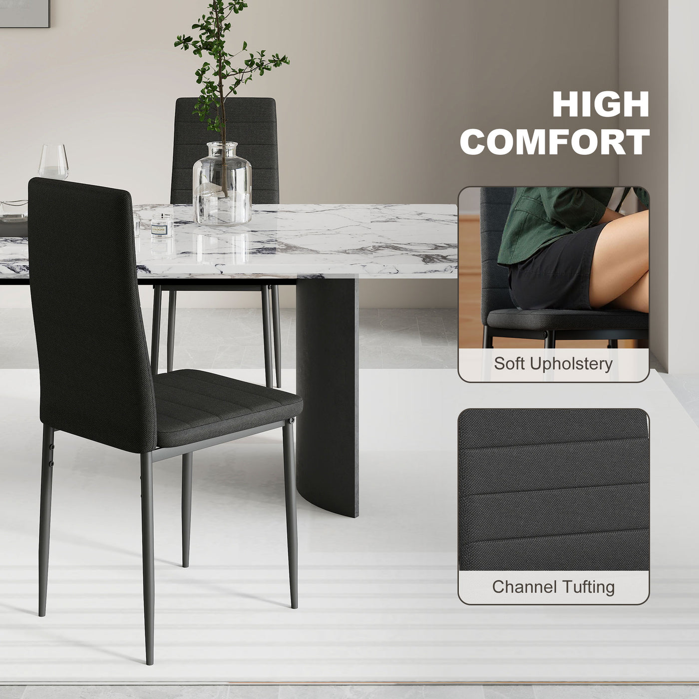 High Back Dining Chairs, Modern Upholstered Linen Fabric Accent Chairs with Metal Legs for Kitchen, Set of 6, Black