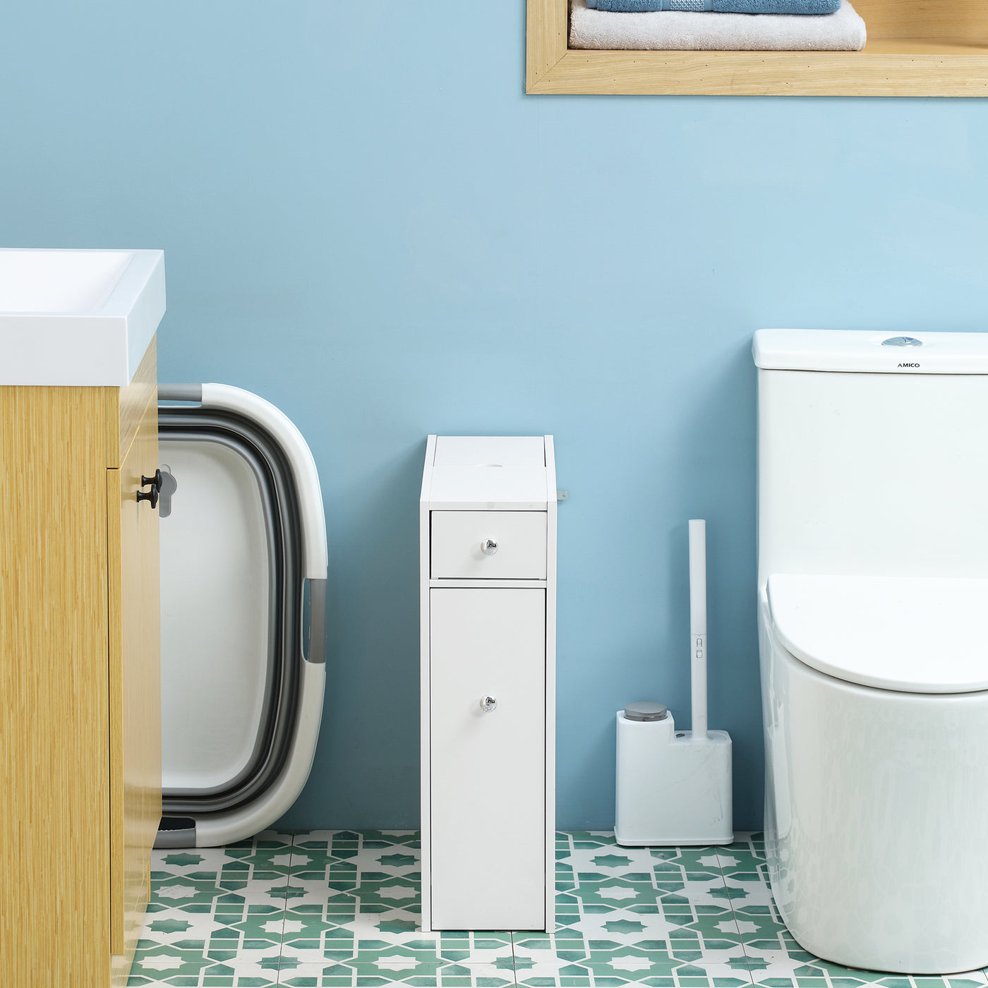 Space Saving Toilet Paper Cabinet, Narrow Bathroom Cabinet with Drawers and Hidden Storage, White