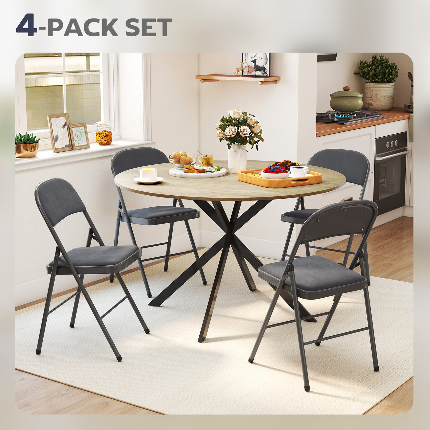 4 Pack Folding Chairs with Padded Seats, Velvet Portable Party Chairs with Steel Frame, Dark Grey