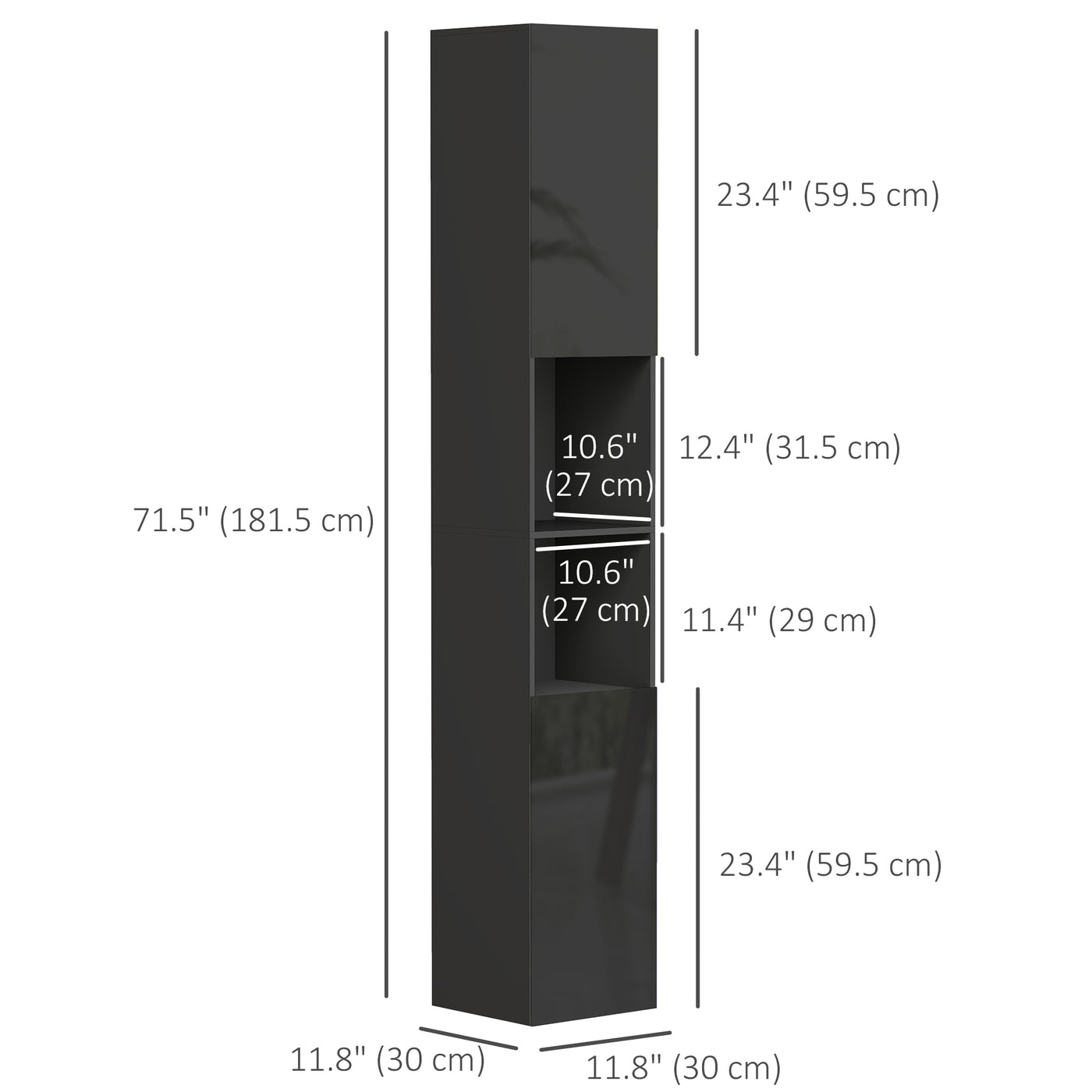 Tall Bathroom Cabinet, High Gloss Storage Cabinet with Doors and Adjustable Shelves, 11.8" x 11.8" x 71.5", Black