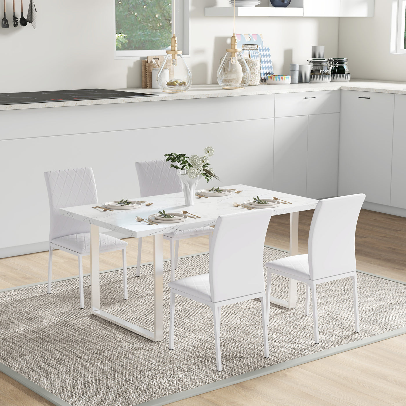 Modern Dining Chairs Set of 4, Upholstered Faux Leather Kitchen Chairs with Rhombic Tufting and Metal Legs for Living Room, White