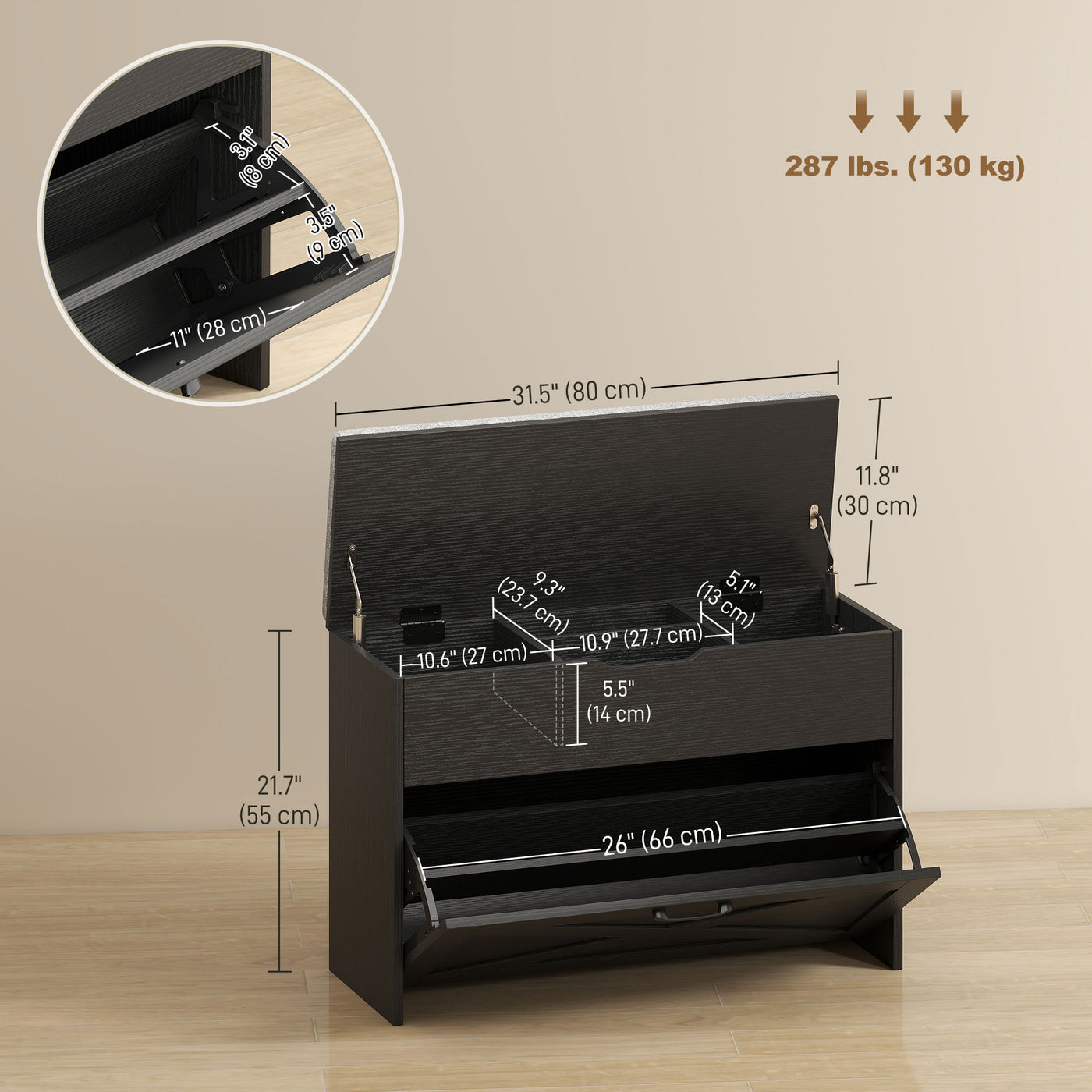 Shoe Storage Bench with Flip Drawer and Lift Top Storage, Entryway Bench with Seat Cushion for Hallway, Black