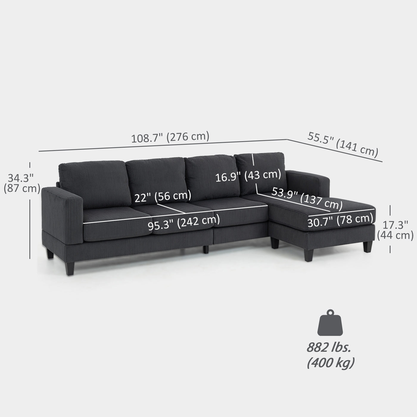 L Shaped Couch, L Shape Sofa with Chaise Lounge and Spring Cushion for Living Room, Bedroom, Charcoal Grey