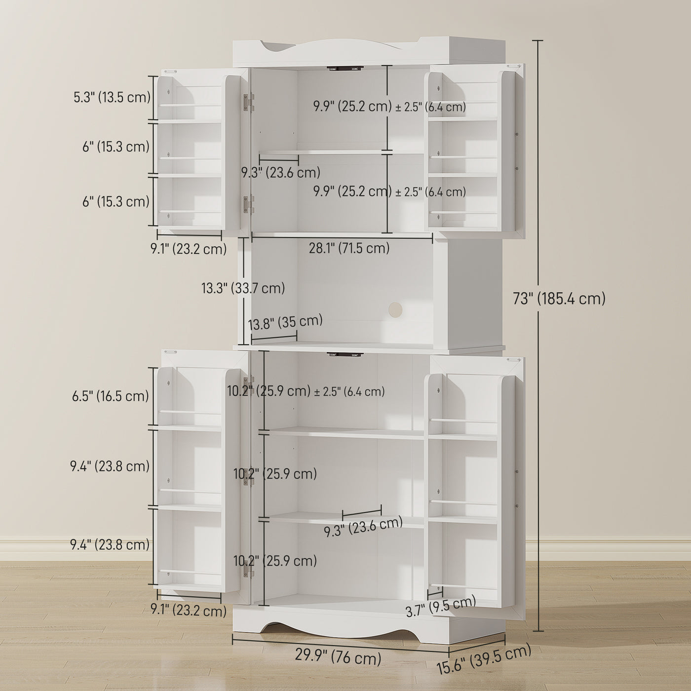 73" Kitchen Pantry Cabinet, Freestanding Kitchen Hutch with 12 Door Shelves, Adjustable Shelves, Microwave Stand, White