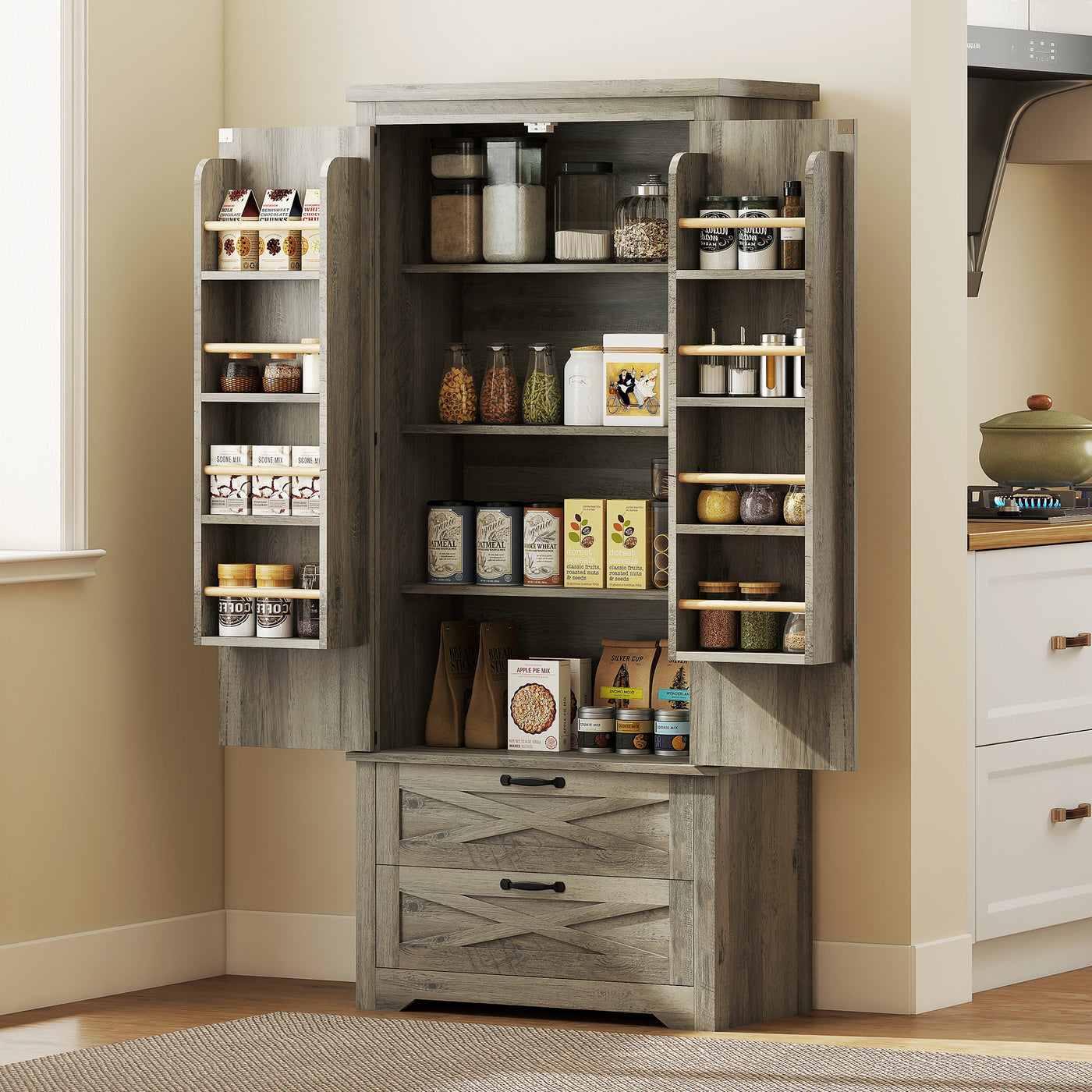 Farmhouse Kitchen Pantry Storage Cabinet, 64" Freestanding Kitchen Pantry Cabinet with Drawers, Distressed Grey