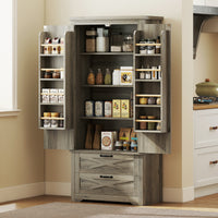 Farmhouse Kitchen Pantry Storage Cabinet, 64" Freestanding Kitchen Pantry Cabinet with Drawers, Distressed Grey