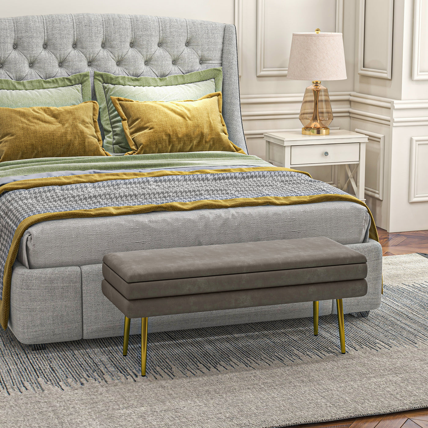 39" Storage Ottoman, Velvet End of Bed Bench with Steel Legs, Foot Stool with Storage for Bedroom, Living Room, Beige