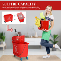 Compact Mop Bucket with Wringer, Mop Bucket on Wheels for Floor Cleaning, 5 Gallon, Separate Dirty and Clean Water, Red