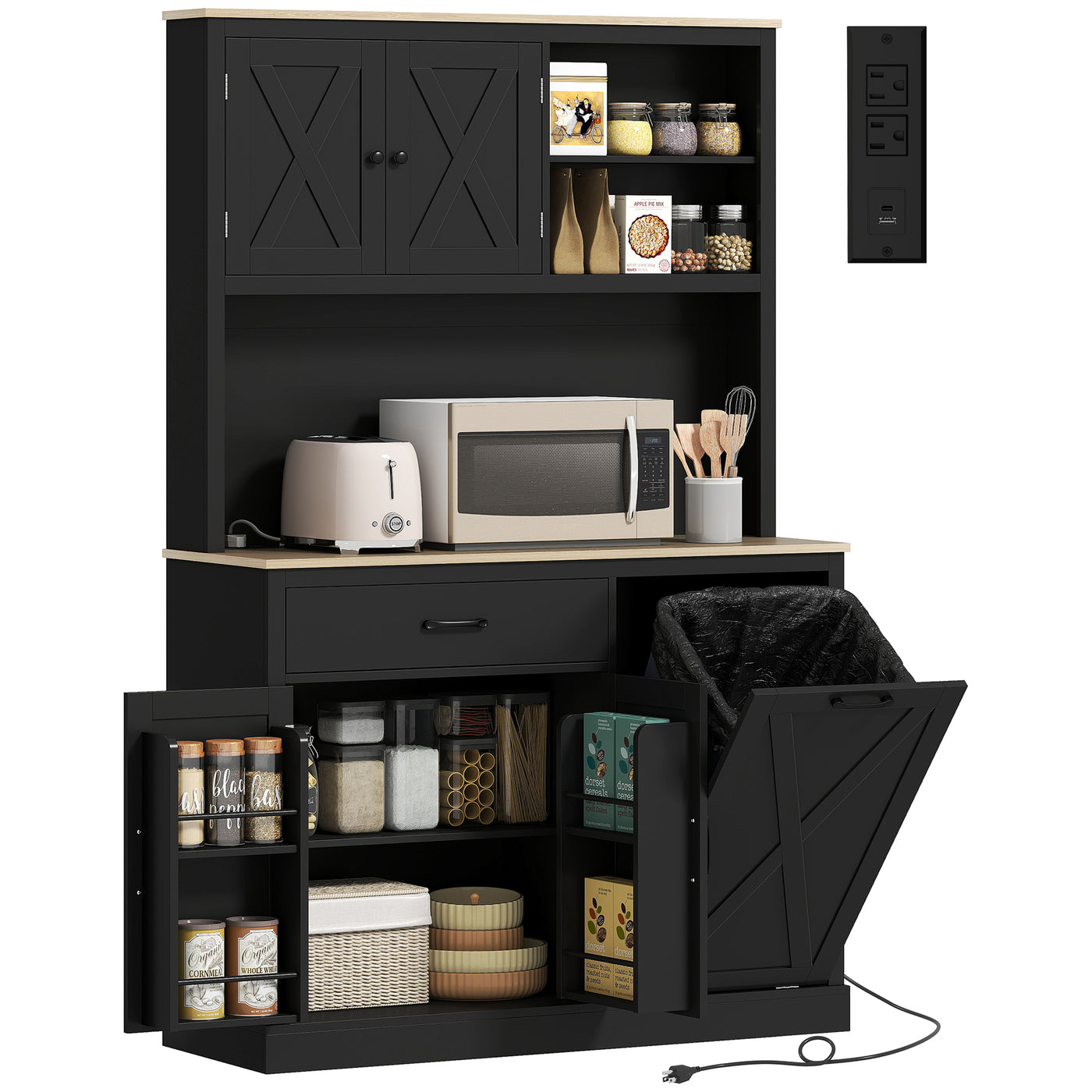 69" Pantry Cabinet with Charging Station, Kitchen Cabinet with Microwave Stand, Tilt-Out Trash Can Cabinet, Black