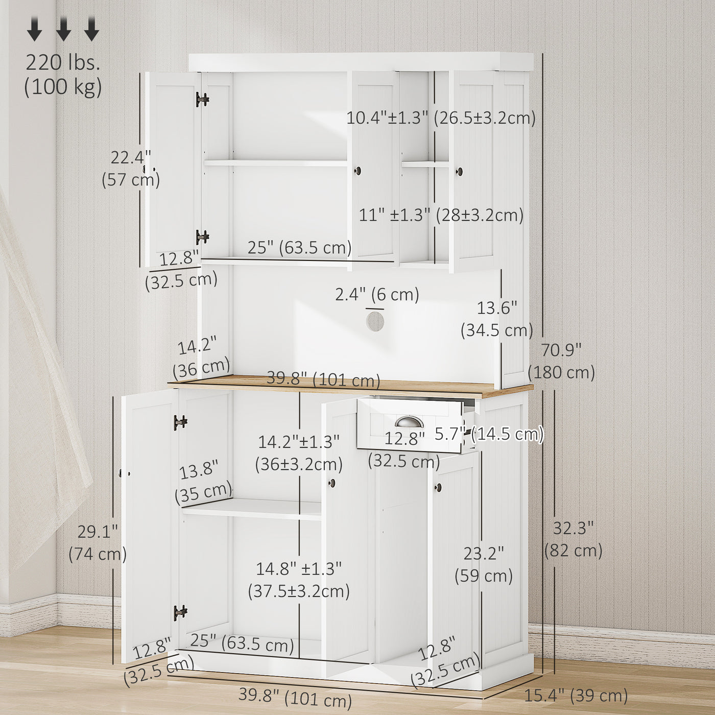 71" Kitchen Pantry Buffet with Hutch Storage Cabinet Microwave Oven Stand with Drawer, White, Oak