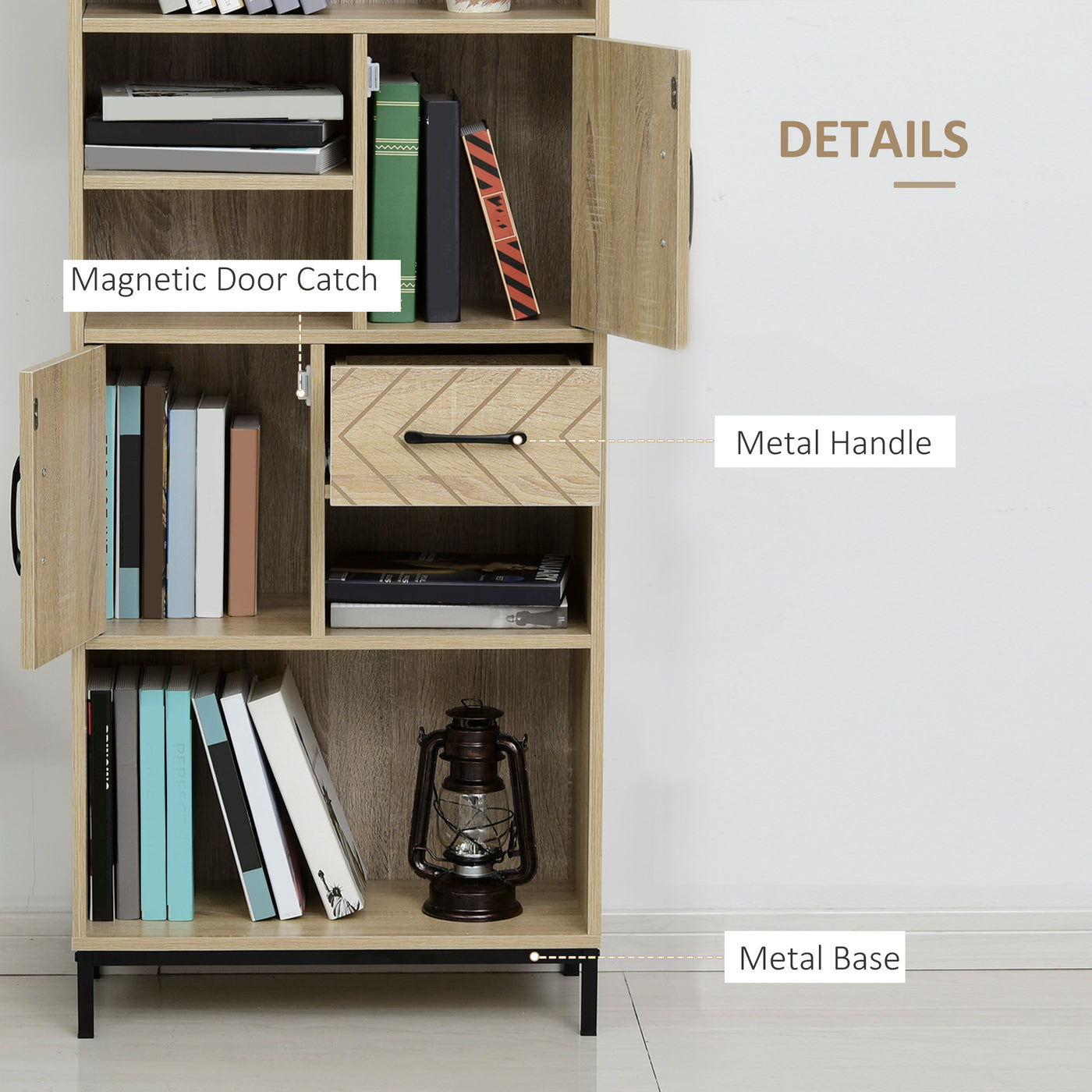 59" Bookcase, Storage Bookshelf with Cabinets, Drawer and Open Compartments, Freestanding Display Shelves for Home Office, Living Room, Study, Nature Wood