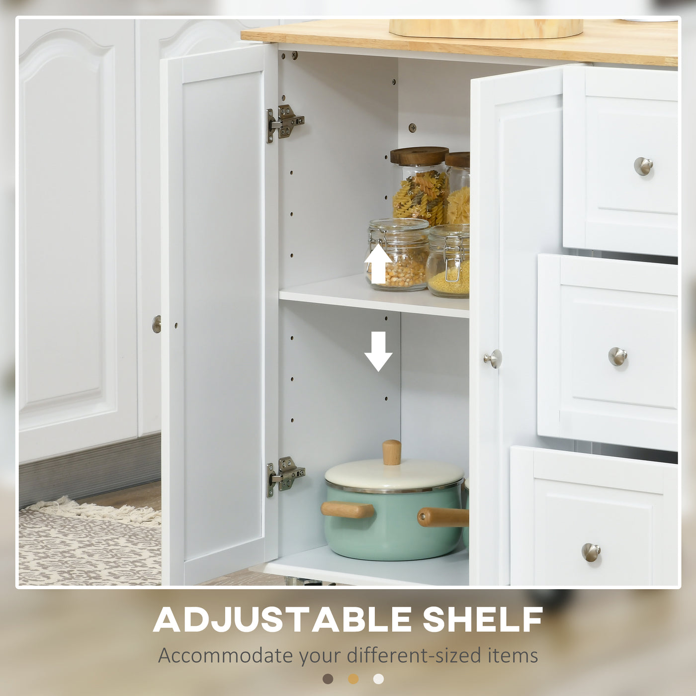 Kitchen Island on Wheels, Kitchen Cart with Drop Leaf, Drawers, Storage Racks, Rubberwood Top, White