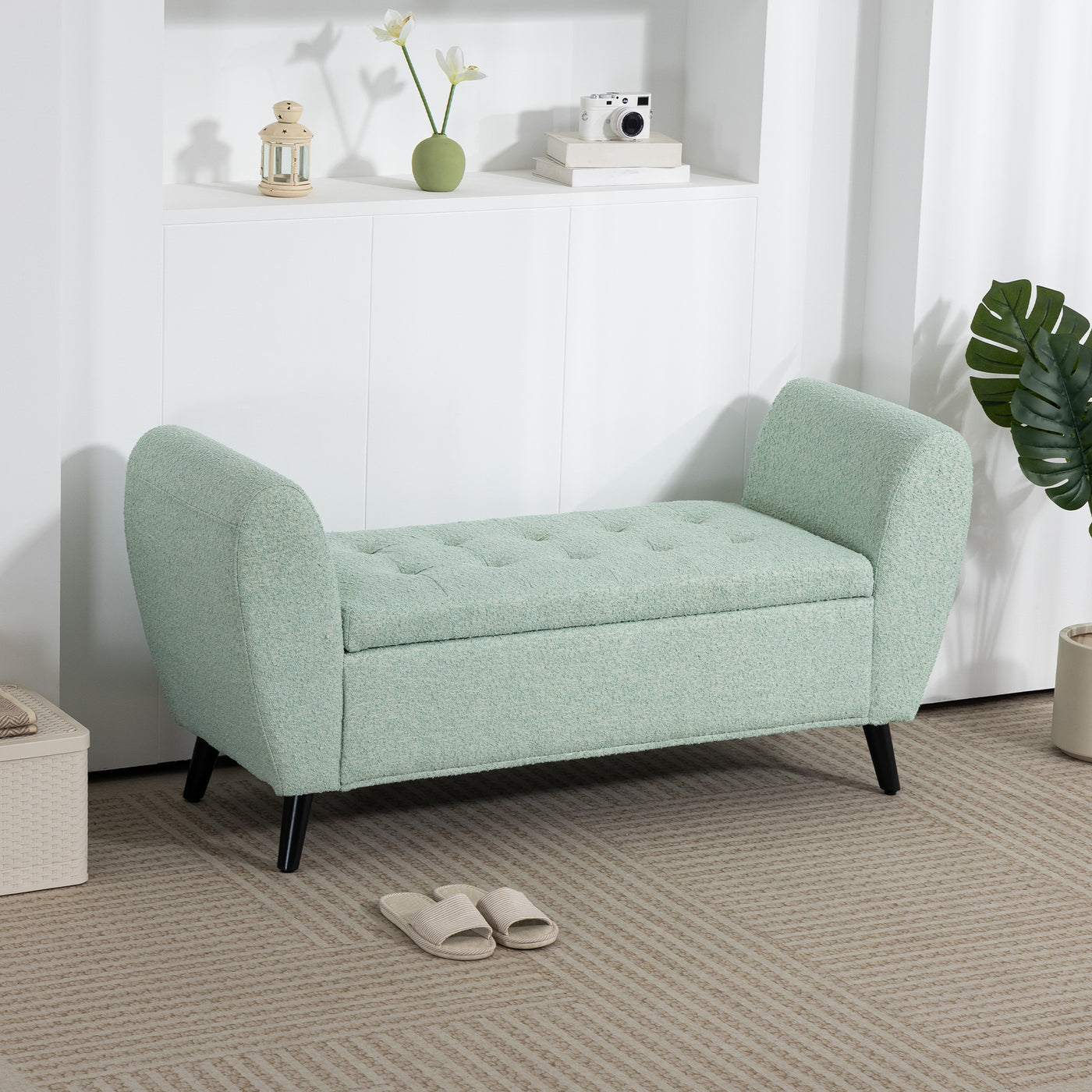 Upholstered Storage Bench with Arms, Modern Ottoman Bench for Bedroom, Entryway, and Living Room, Green