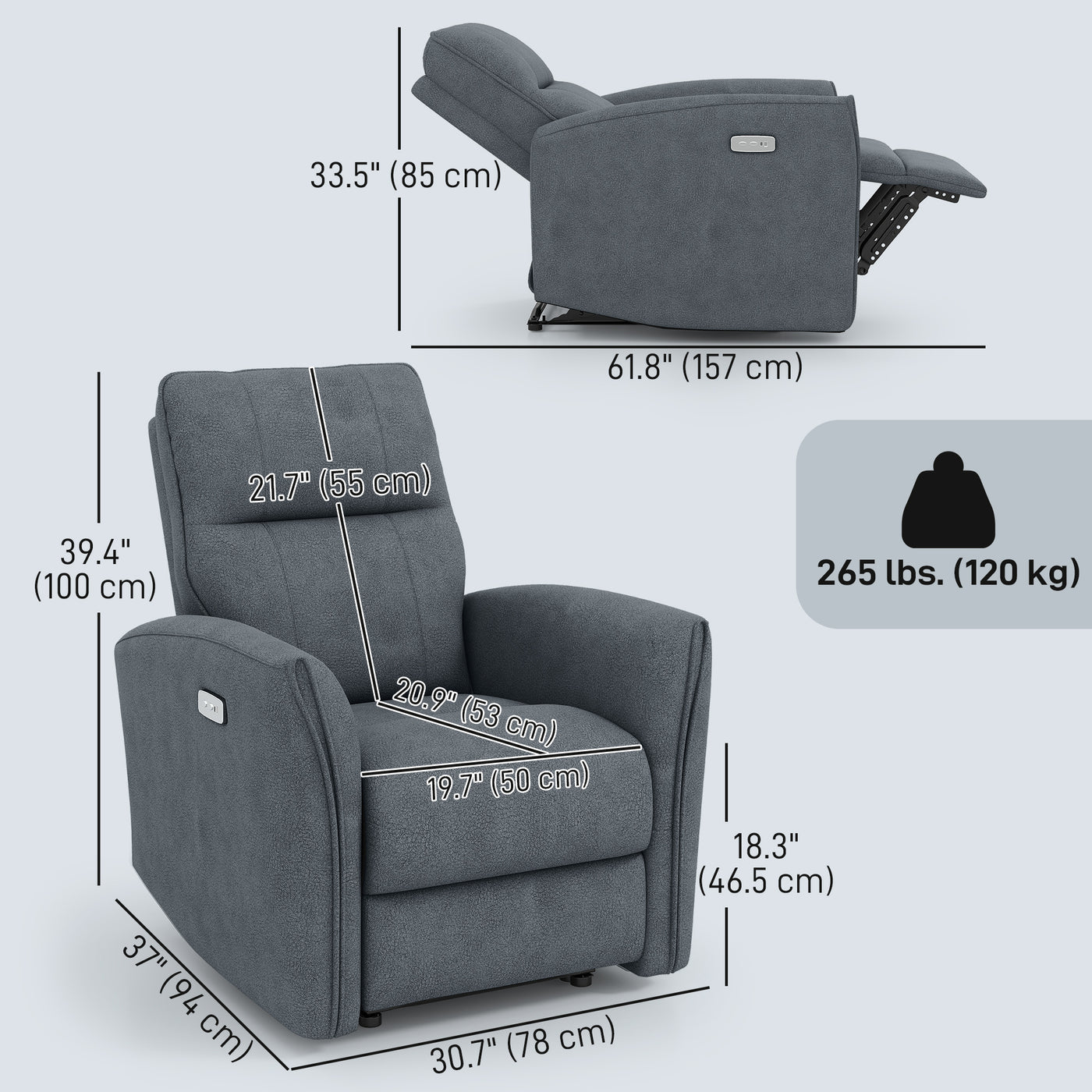 Power Recliner Chair, Dyed Fabric (Like Leathaire) Upholstered Recliner Chair with USB Ports, Footrest, Charcoal Grey