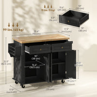 Rolling Kitchen Island with Rubber Wood Top and Storage, Spice Rack, Towel Rack, Black