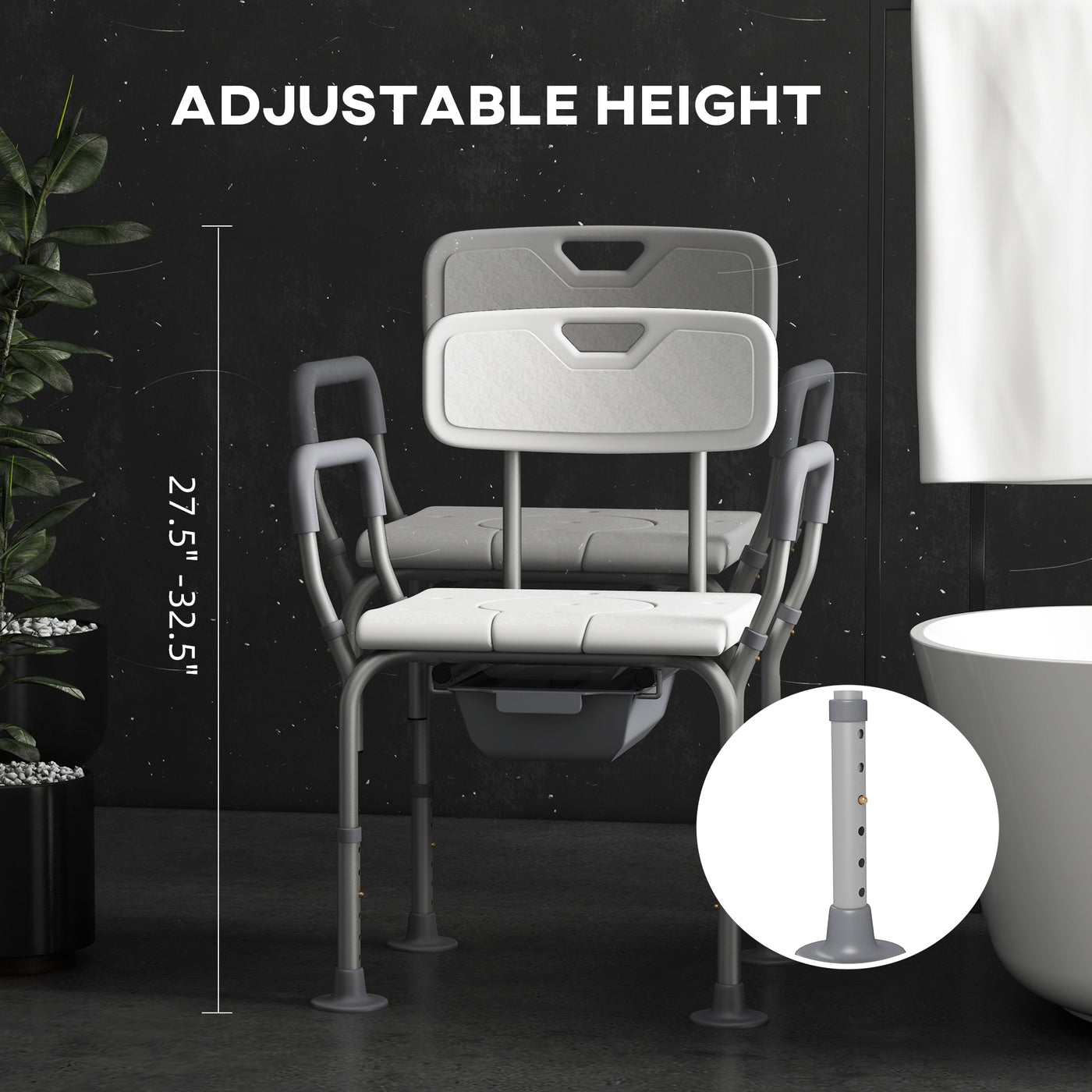 3-in-1 Shower Chair with Back, Adjustable Bedside Commode, Raised Toilet Seat w/ Rubber Foot Pad for Seniors, Disabled