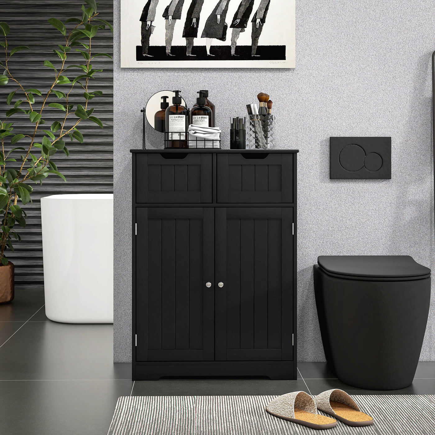 Bathroom Cabinet, Bathroom Storage Cabinet with 2 Drawers, Adjustable Shelf for Living Room, Entryway, Black