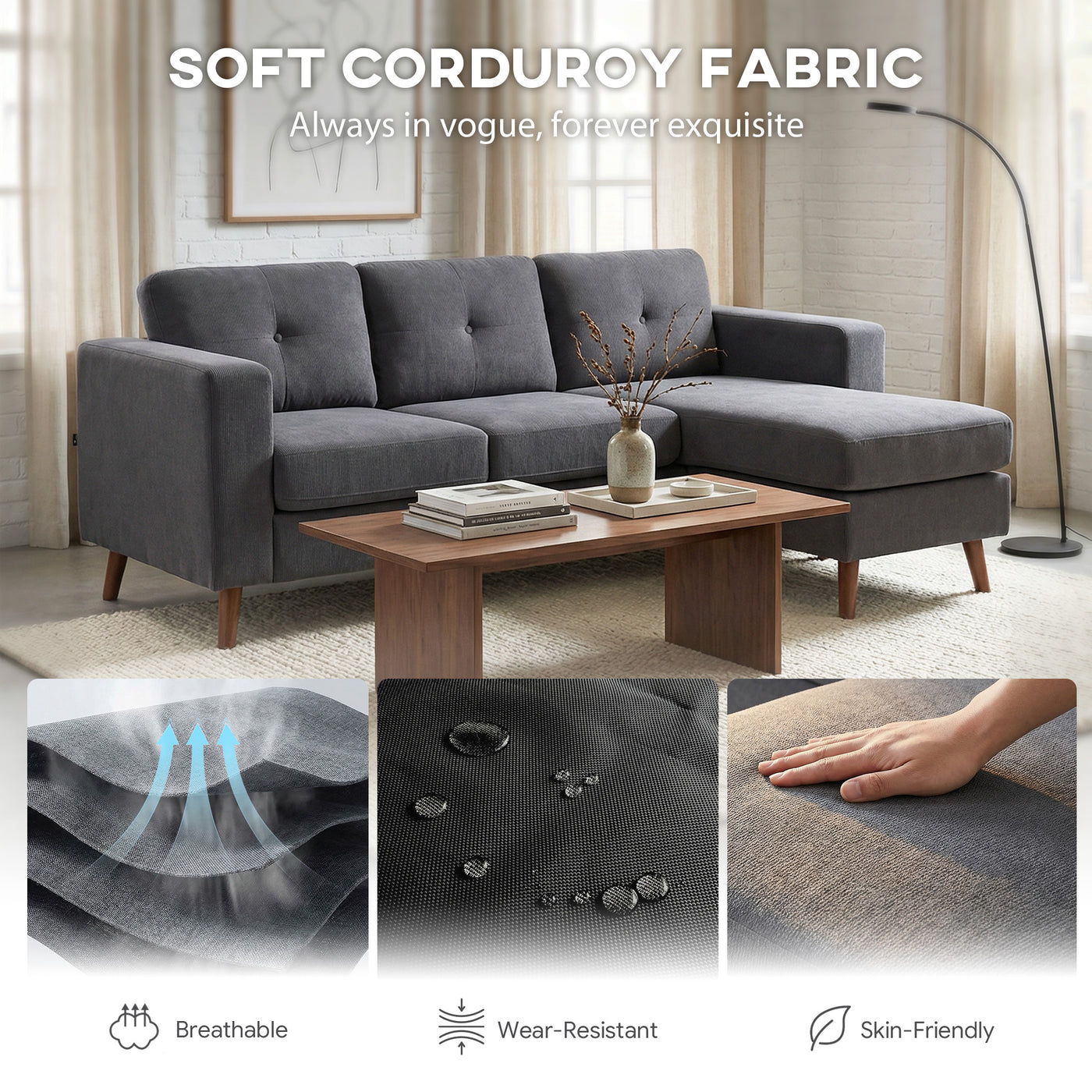 Sectional Sofa with Changeable Chaise Lounge, 3 Seat L-Shaped Small Space Sofa, Upholstered Couch for Small Space, Dark Grey
