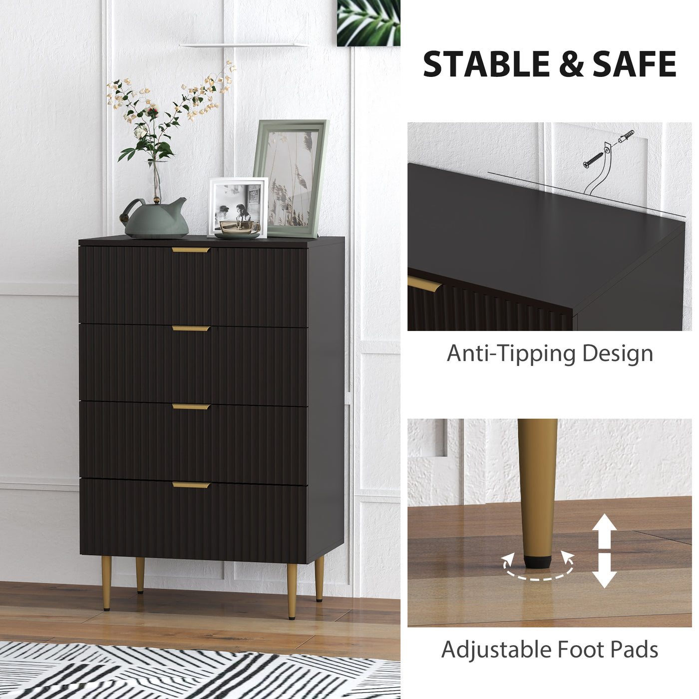 Modern Chest of Drawers 4 Drawer Dresser for Bedroom with Gold Legs and Handles, Black
