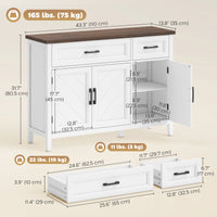 Sideboard Buffet Cabinet, 44" Farmhouse Kitchen Cabinet with 3 Chevron Doors, 2 Drawers and 2 Adjustable Shelves, White