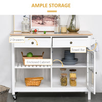 Kitchen Cart on Wheels, Utility Storage Island with Rubber Wood Top, Towel Rack, Cabinets, Drawers, White