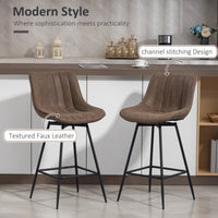 Set of 2 Counter Height Barstools, PU Leather Upholstered Bar Stools with Backrest, Footrest and Steel Legs, Brown