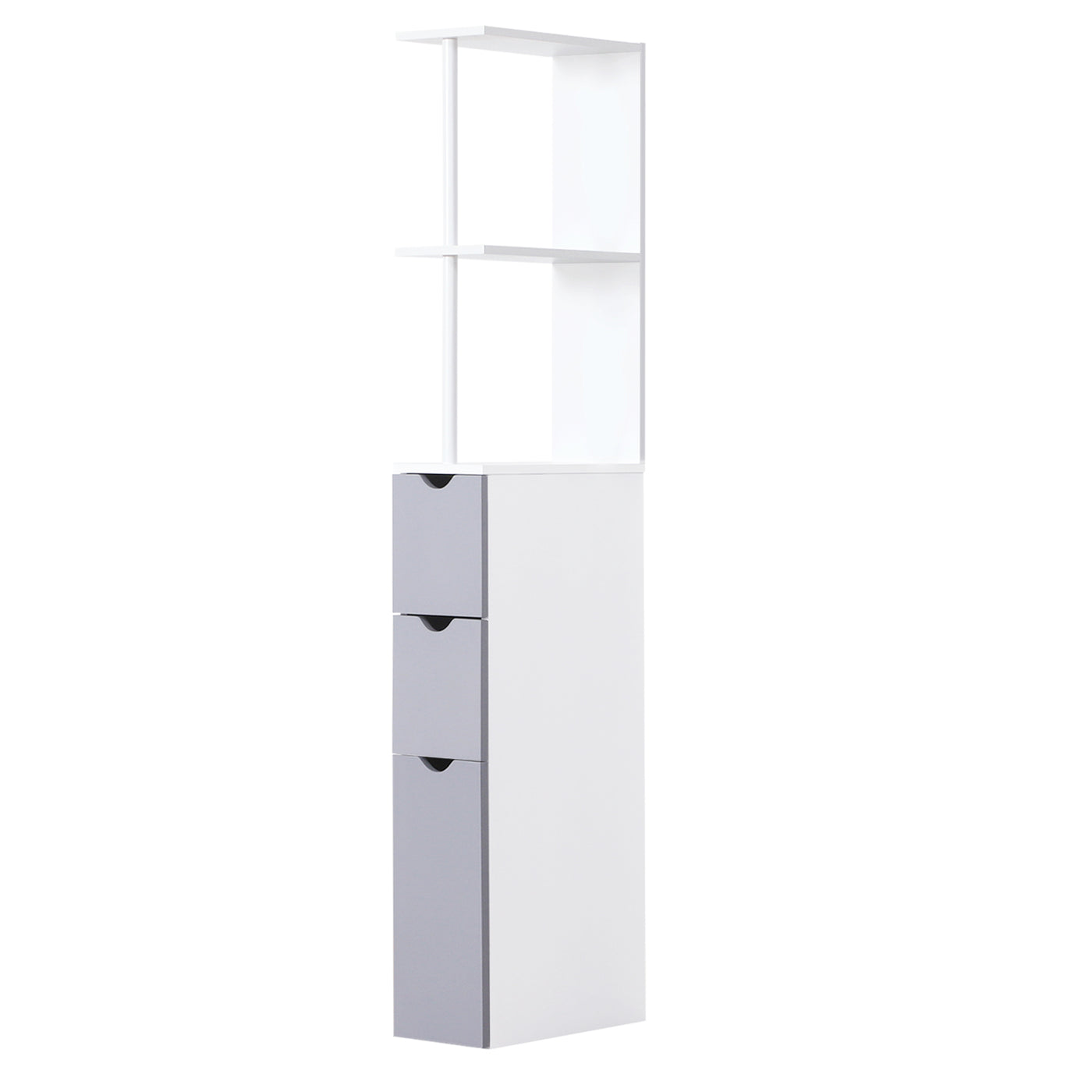 Tall Bathroom Storage Cabinet, Narrow Bathroom Cabinet with Drawers and Open Shelves for Small Spaces, White and Grey