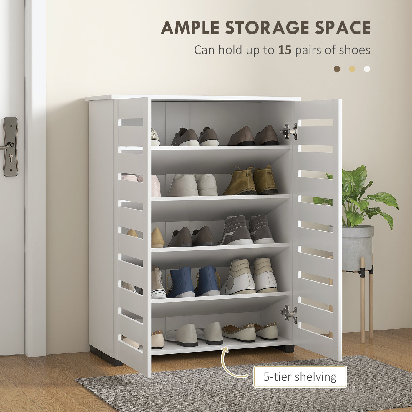 Shoe Storage Cabinet, Shoe Cabinet with 2 Slatted Doors for 15 Pairs of Shoes, White