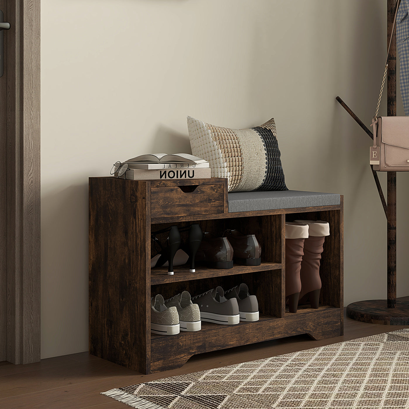 Upholstered Shoe Storage Bench, Hallway Shoe Storage with Seat, Drawer, 3 Open Shelves for Entryway, Rustic Brown