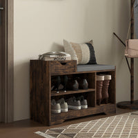 Upholstered Shoe Storage Bench, Hallway Shoe Storage with Seat, Drawer, 3 Open Shelves for Entryway, Rustic Brown