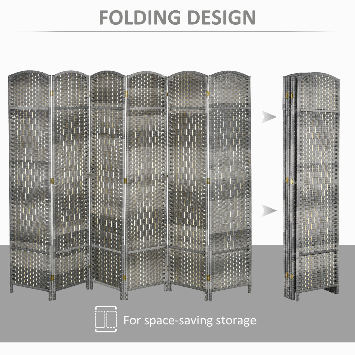 6 Ft Tall Folding Room Divider, 6 Panel Portable Privacy Screen, Hand-Woven Partition Wall Divider, Mixed Grey