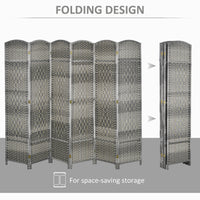6 Ft Tall Folding Room Divider, 6 Panel Portable Privacy Screen, Hand-Woven Partition Wall Divider, Mixed Grey