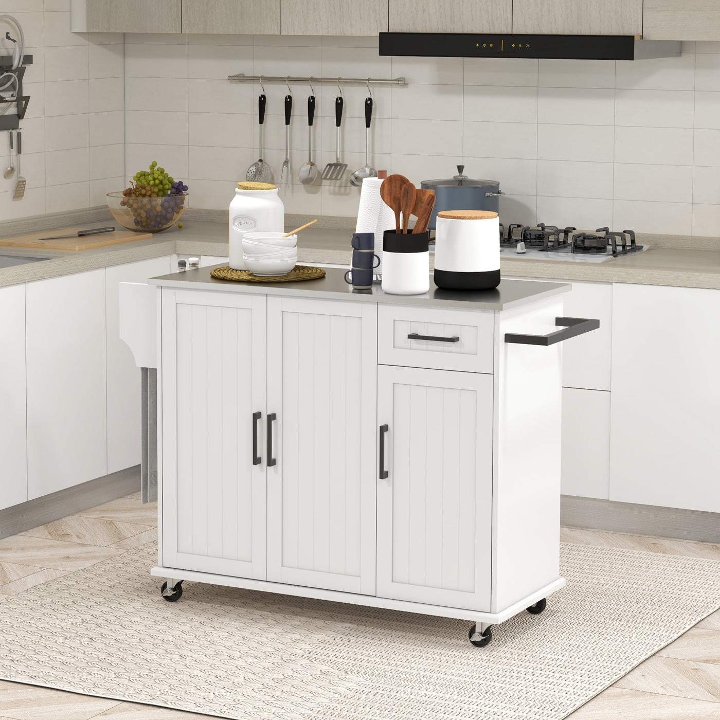 Kitchen Island with Storage, Rolling Kitchen Cart on Wheels, Kitchen Island with Storage, Drawer, 3 Cabinets, Stainless Steel Countertop, Spice Rack and Towel Rack, White