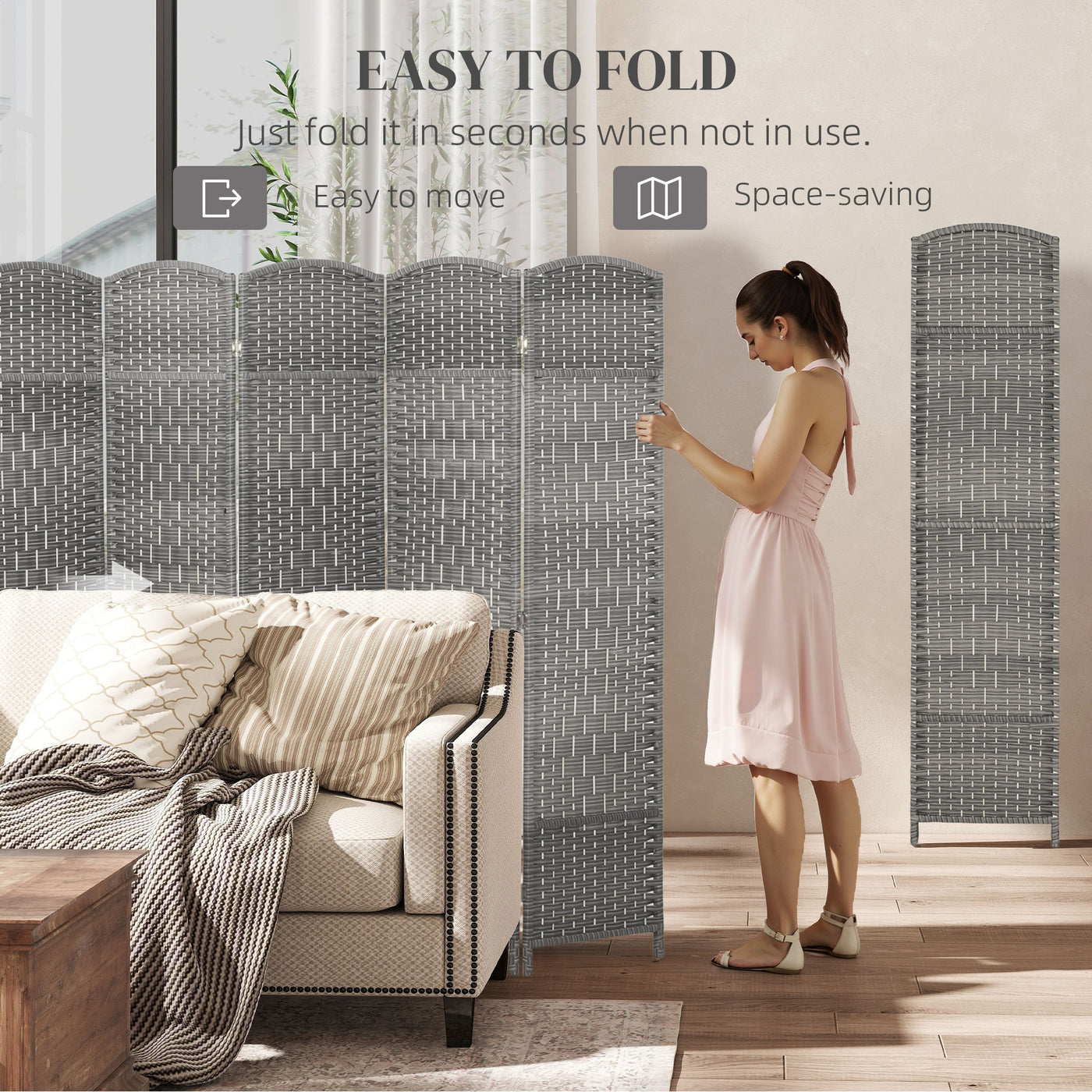 6 Ft Tall Folding Room Divider, 8 Panel Portable Privacy Screen, Hand-Woven Partition Wall Divider, Mixed Grey