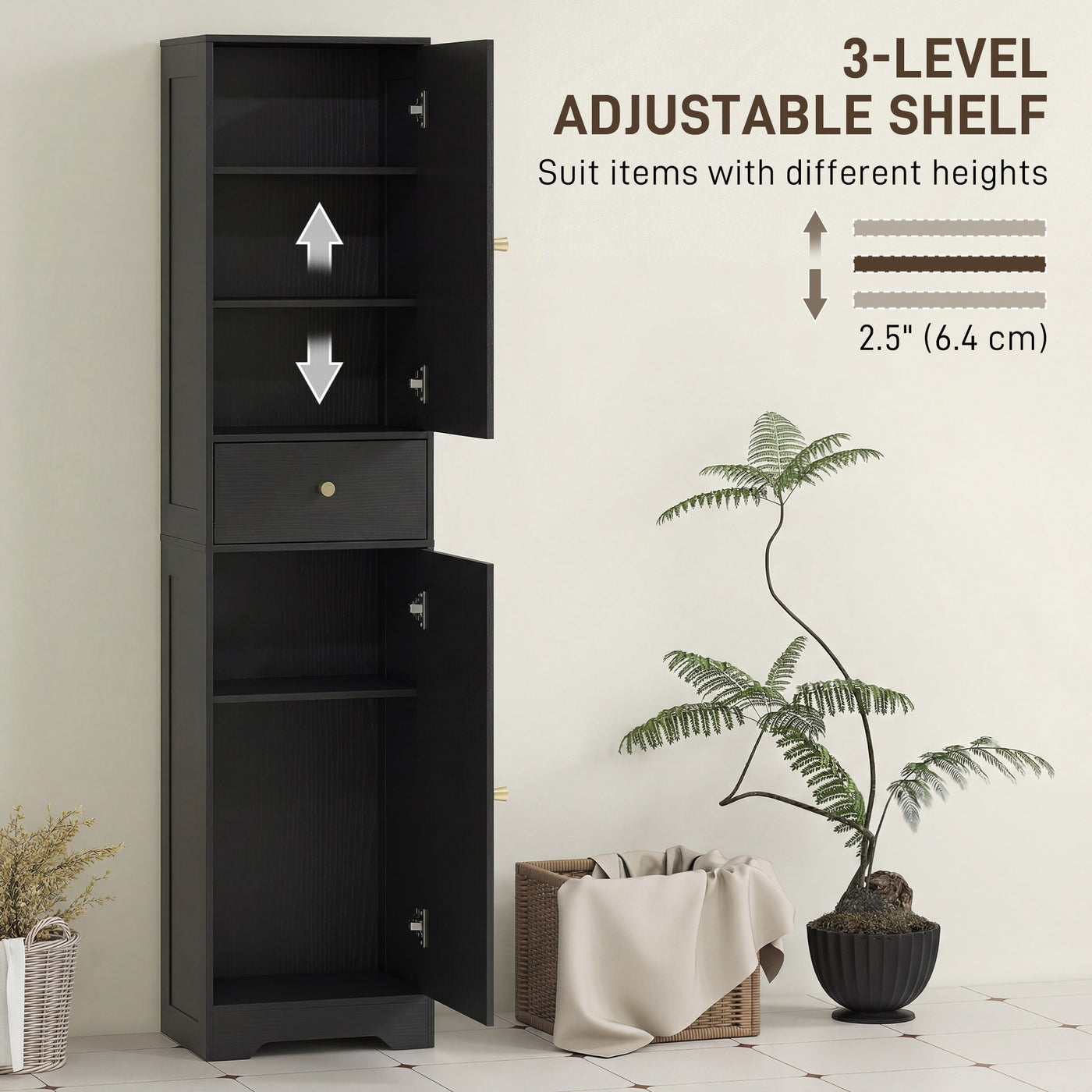 67" Tall Bathroom Cabinet, Slim Bathroom Storage Cabinet with 2 Doors, Drawer and Adjustable Shelf, Black Wood Grain