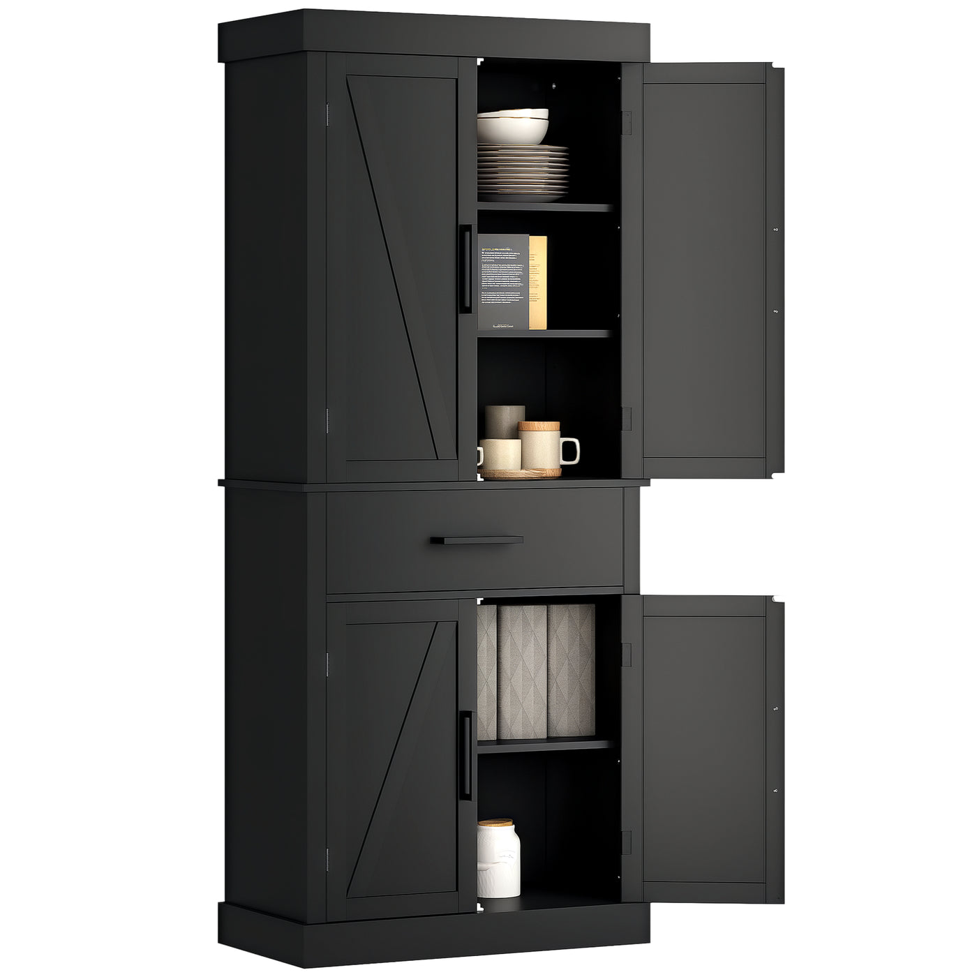 72" Kitchen Storage Cabinet, Farmhouse Kitchen Pantry Cabinet with 4 Barn Doors, Drawer, Adjustable Shelves, Black