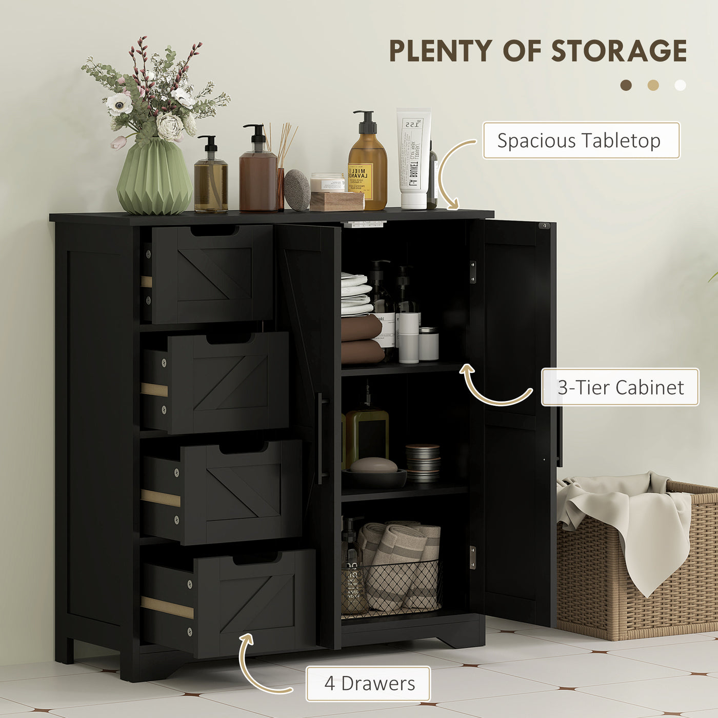 Bathroom Floor Cabinet, Farmhouse Bathroom Storage Cabinet with Adjustable Shelf, Black