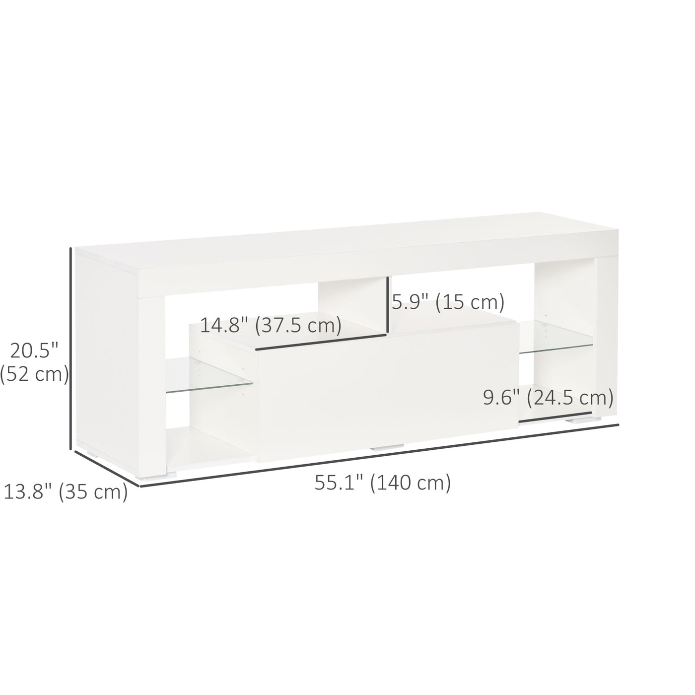TV Stand for 55-Inch TVs, High Gloss TV Bench with LED Lights, Remote Control, Storage Drawer and Shelves, Entertainment Unit for Living Room, Bedroom, White