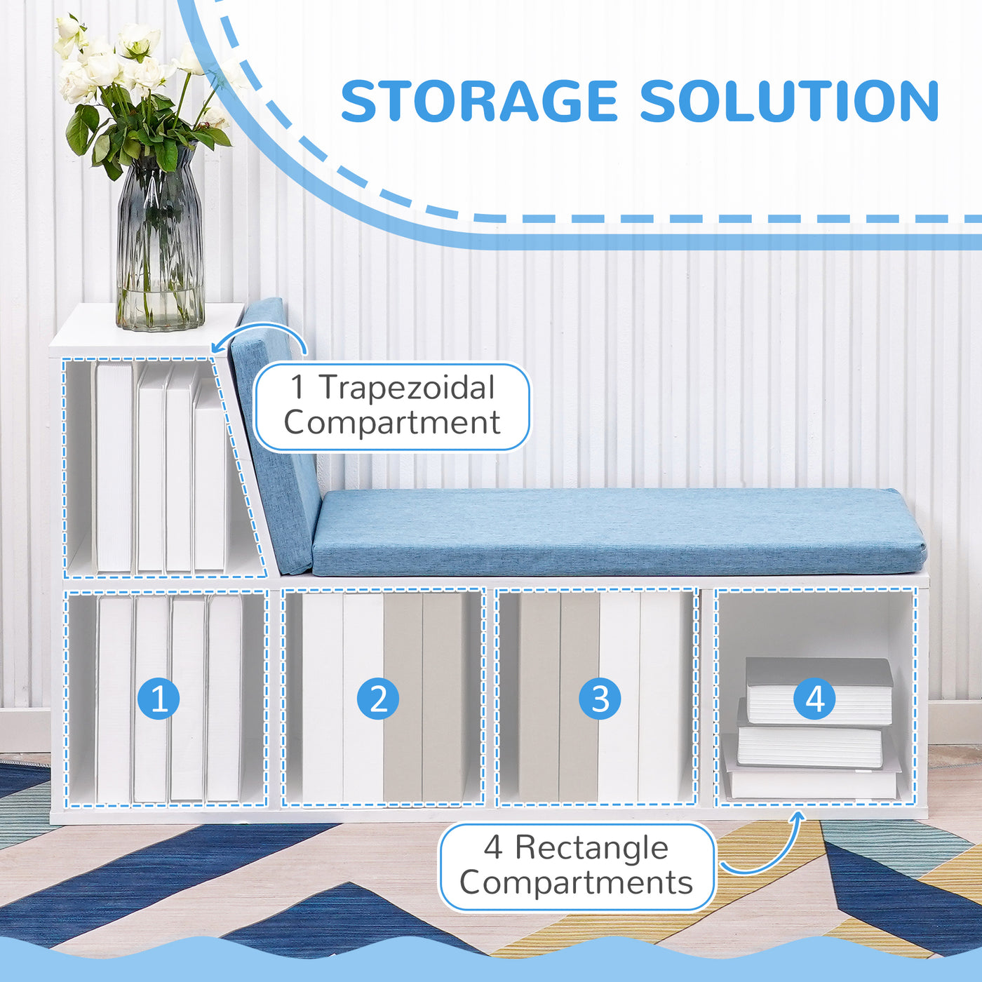 Multi-Purpose Bookshelf with 5 Cubes, 5-Cubby Bookcase with Cushioned Reading Nook and Storage Shelves, Blue