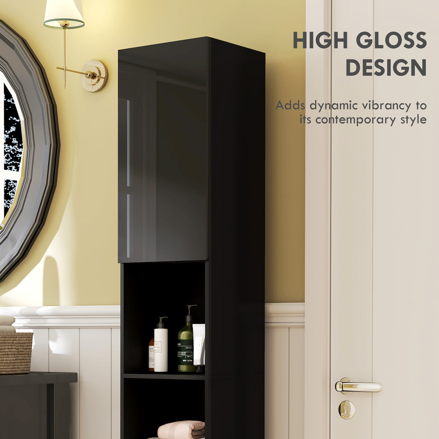 Tall Bathroom Cabinet, High Gloss Storage Cabinet with Doors and Adjustable Shelves, 11.8" x 11.8" x 71.5", Black