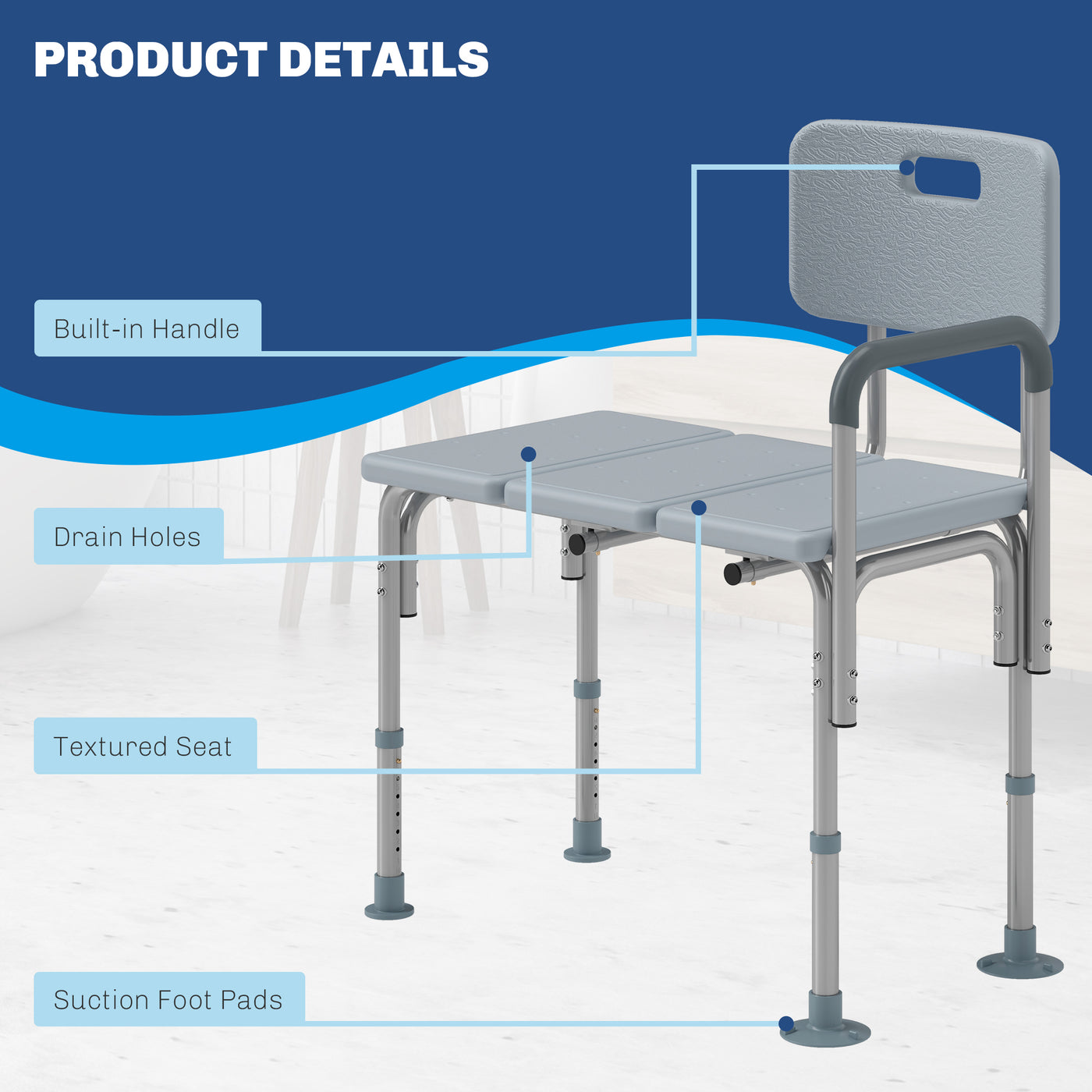 6-Level Adjustable Bath and Shower Transfer Bench Aluminum Chair with Non-Slip Feet, Armrest & Backrest Grey