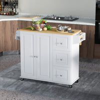 Kitchen Island on Wheels, Kitchen Cart with Drop Leaf, Drawers, Storage Racks, Rubberwood Top, White