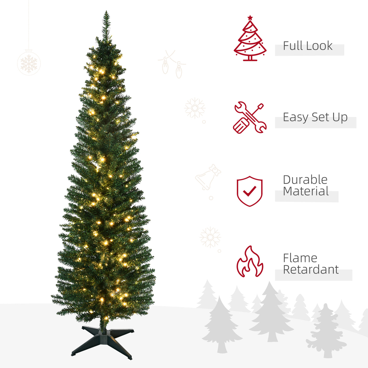 6' Pre Lit Artificial Pencil Christmas Trees, Xmas Tree with Realistic Branches and Warm White LED Lights, Green