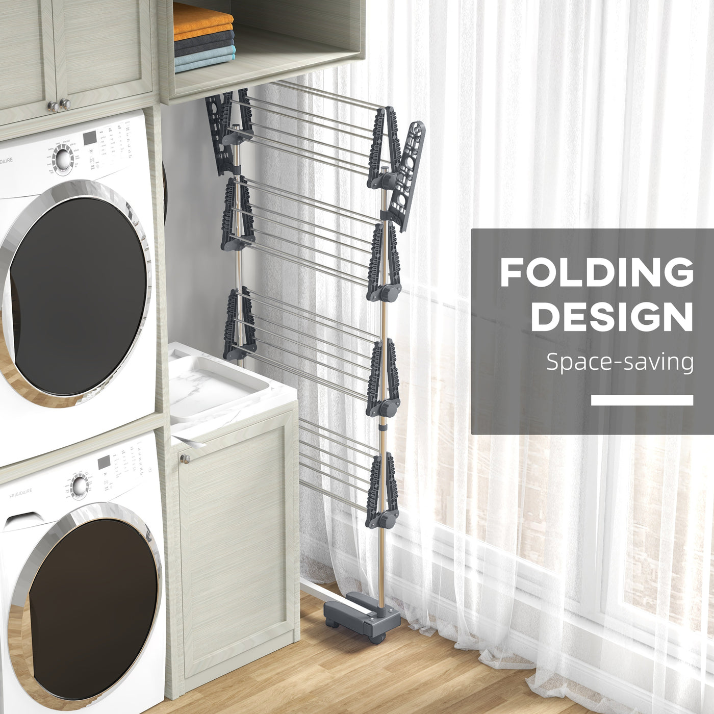 Garment Drying Rack Stainless Steel Folding Clothes Hanging Rack with Side Wings Castors for Indoor Outdoor Grey