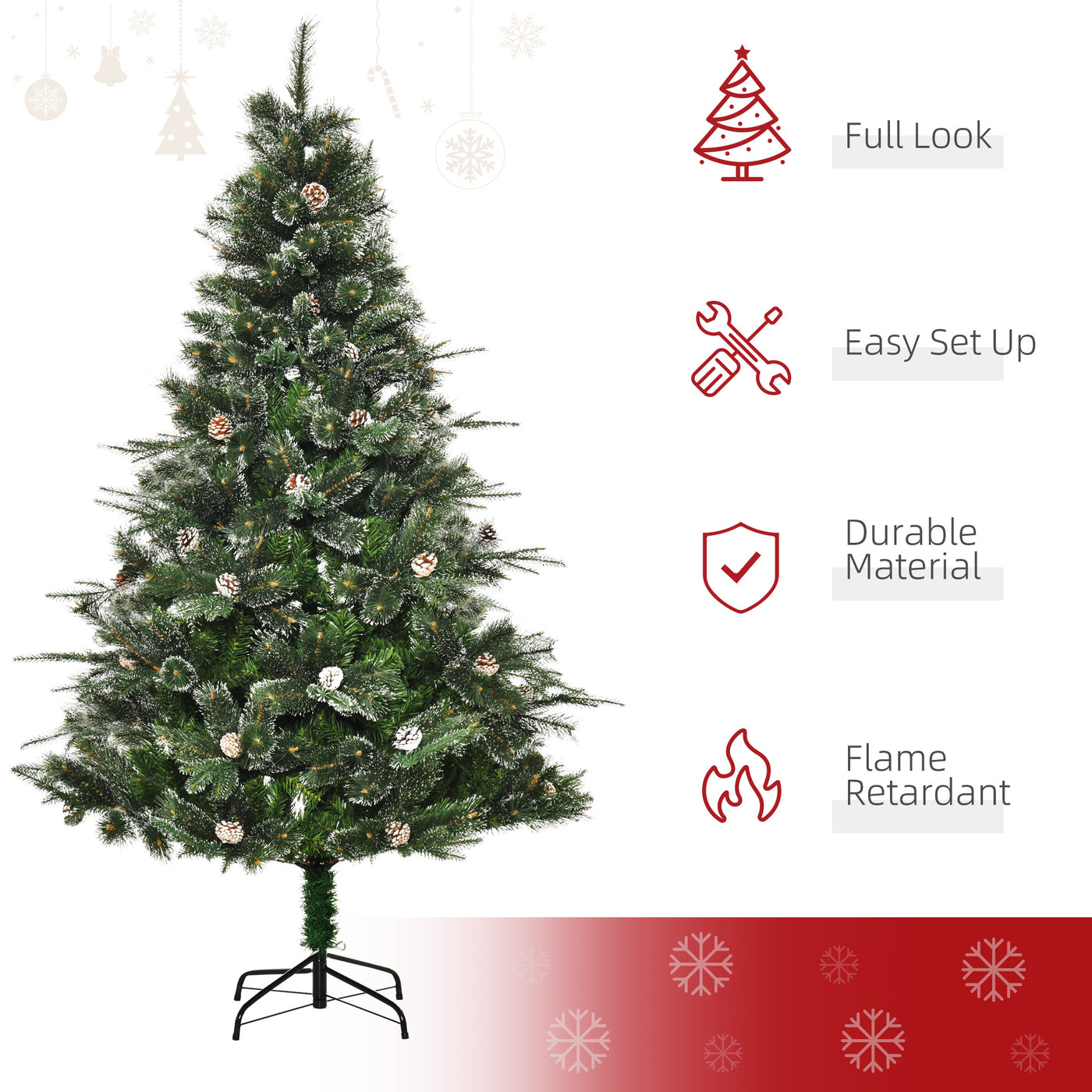 HOMCM 6FT Artificial Christmas Snow Pine Tree Holiday Home Xmas Decoration with Automatic Open, Pinecone, Green