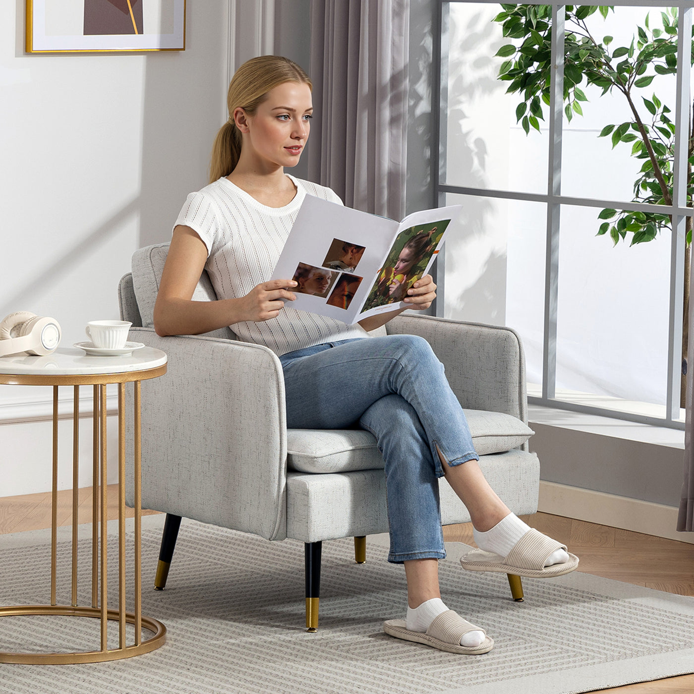Accent Chairs Set of 2, Upholstered Armchairs with Tufted Back Cushion and Steel Legs for Living Room, Bedroom