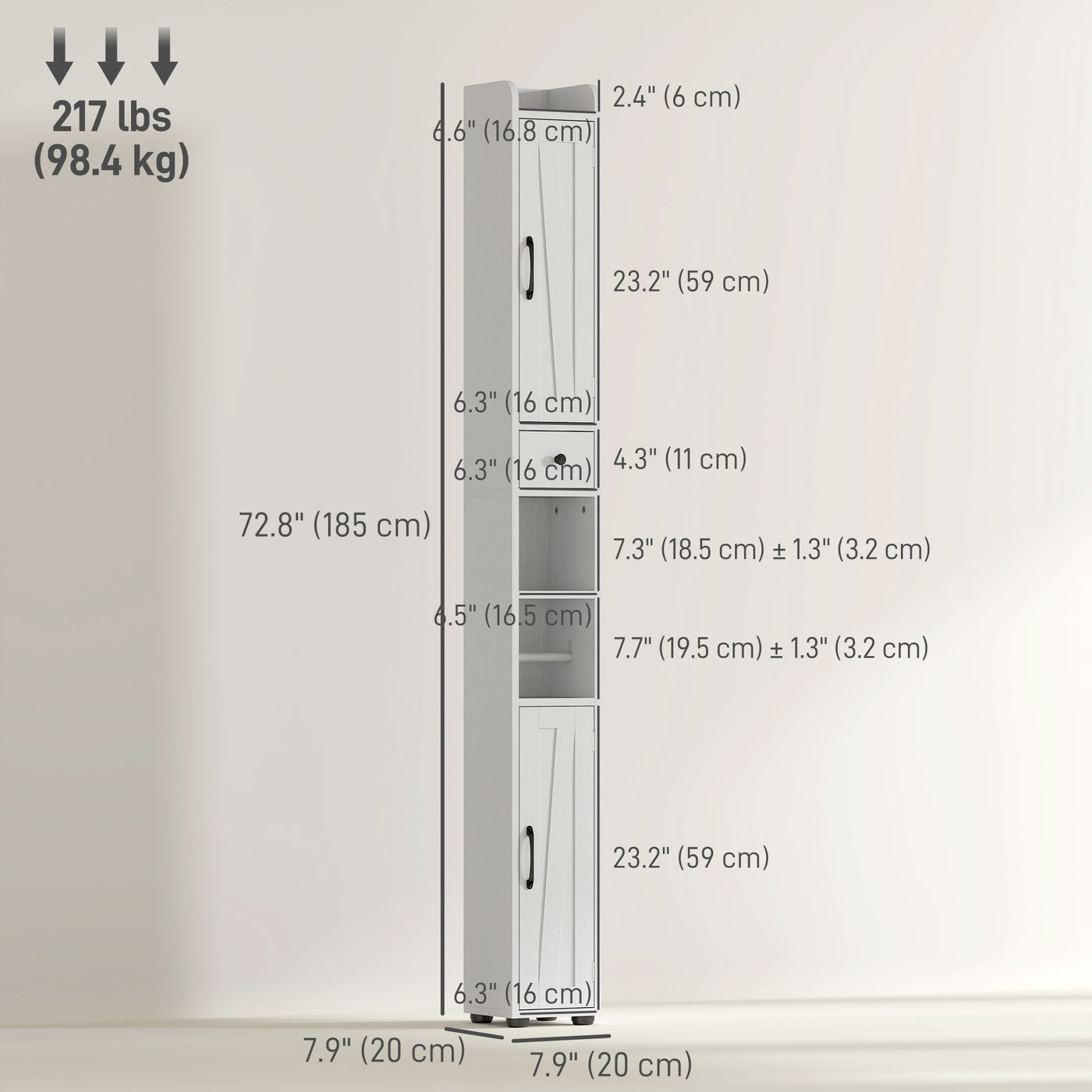 Narrow Bathroom Cabinet, Tall Bathroom Storage Cabinet with Barn Doors, Drawer and Adjustable Shelves, White Wood Grain